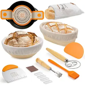9 Inch Sourdough Starter Kit, Banneton Bread Proofing Basket with Linen Liner, Natural Rattan Fermentation Tools for Home Bakers, Complete Accessories with Dough Scraper, Danish Whisk, Bread Lame, Baking Utensils
