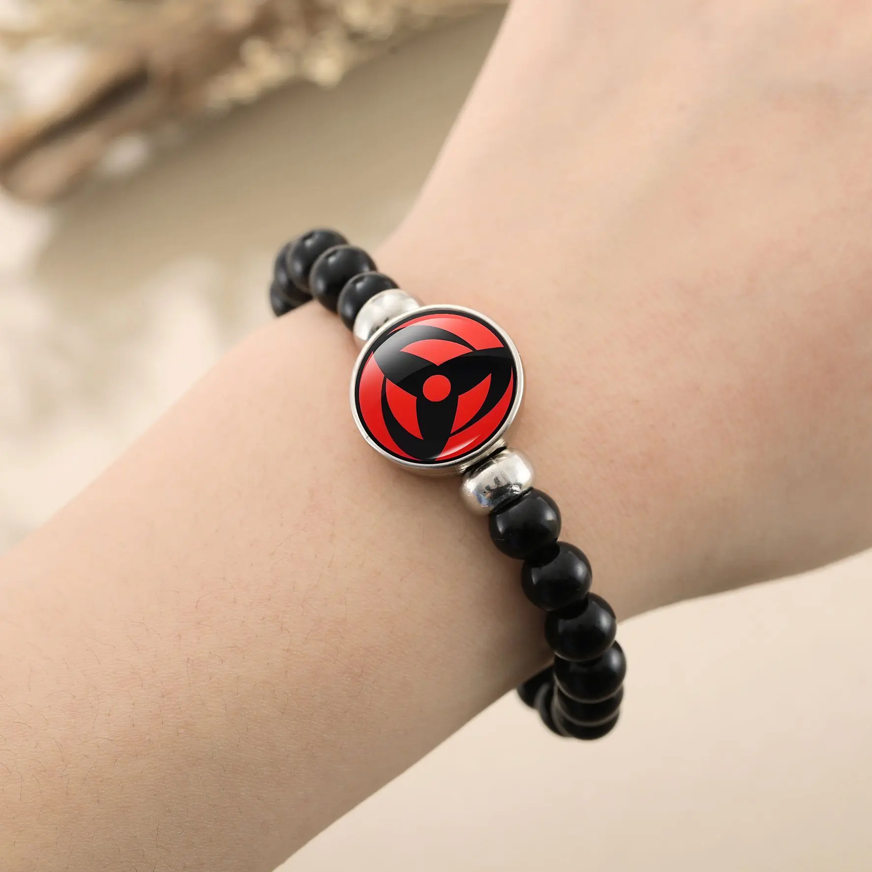 Naruto Sharingan Beaded Bracelet with Time Gem and Black Beads, Anime-Inspired Costume Jewelry Fashion Accessory, Beaded Bracelets