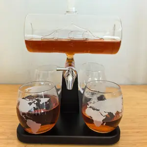 Men's Whiskey Decanter Set，Equipped With 4 Global Wine Glasses+1 Wooden Frame，Drinking Set,Sailboat Theme,Handcrafted Cups, Glassware Set, Social Events, Special Occasions, Decanter Set For Liquor,  Liquor Decanter, Glas Decanter