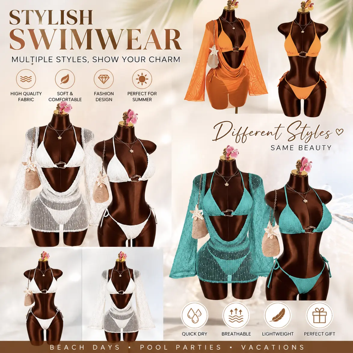 Women's 3-Piece Elastic Stretch Bikini Set, Multi-Style Beach Wear with Cover-Up, Tie Straps and Heart Cutouts