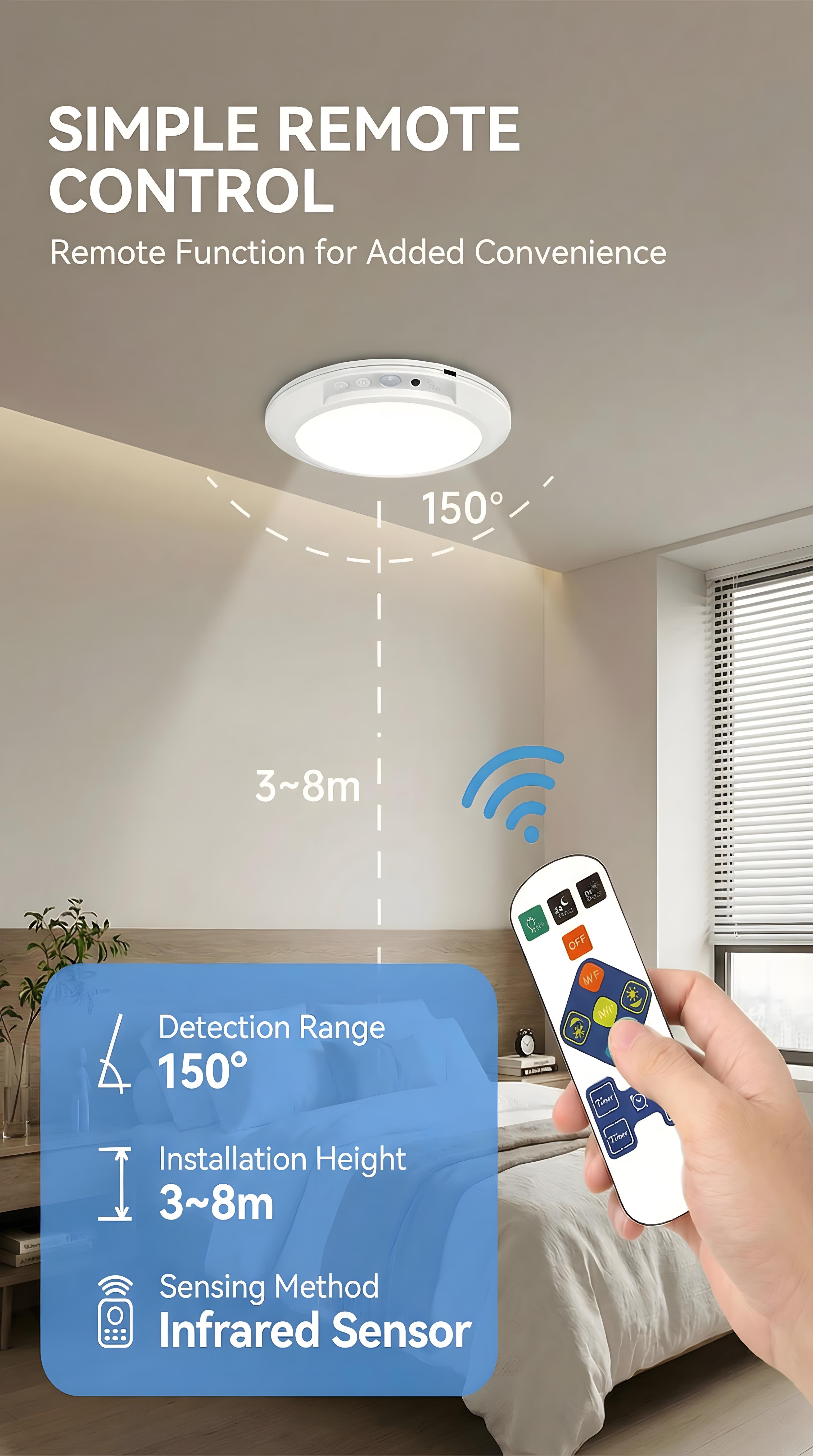 Rechargeable ceiling light with motion sensor and remote — magnetic wireless battery-operated LED light with three color modes for closet, pantry, shower, garage, hallway, and porch tiktokshopspringglowup Brightness Levels Easy Installation