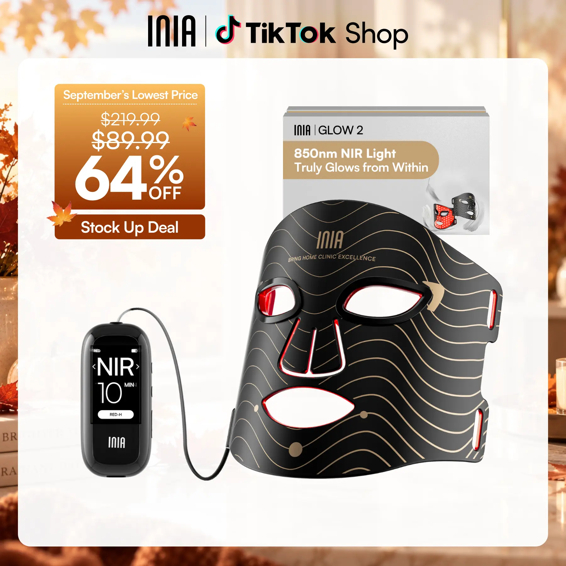 [New Color Drop] INIA GLOW 2 Red Light Therapy Mask , 4 Light Modes with 850nm NIR, 2600mAh Rechargeable LED Face Mask for Skincare at Home and Travel, Summer Beauty Gift Ideas,back to school,back to school haul