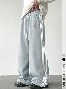 1 Pair Loose-Fit Gray Sweatpants with Plaid Waistband, Drawstring Waist, Heart Pattern and Los Angeles Print, Casual Athleisure Style, for Teens and Young Adults in Street Fashion