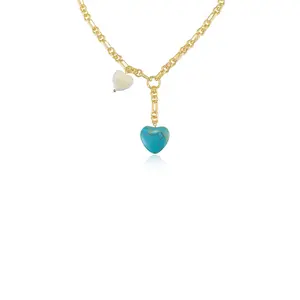 Ettika Turquoise and Pearl Hearts Lariat Necklace 18k Gold Plated Mother of Pearl Reconstituted Turquoise 13" Adjustable Gold Hardware Chain Elegant Fashion Jewelry for Adults