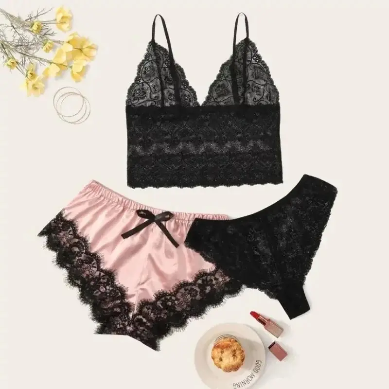 Cami Women's Three Piece Short Nightwear Set with Bralette, Pink & Black, blue & black Strappy Pants - Womenswear for Everyday Comfort