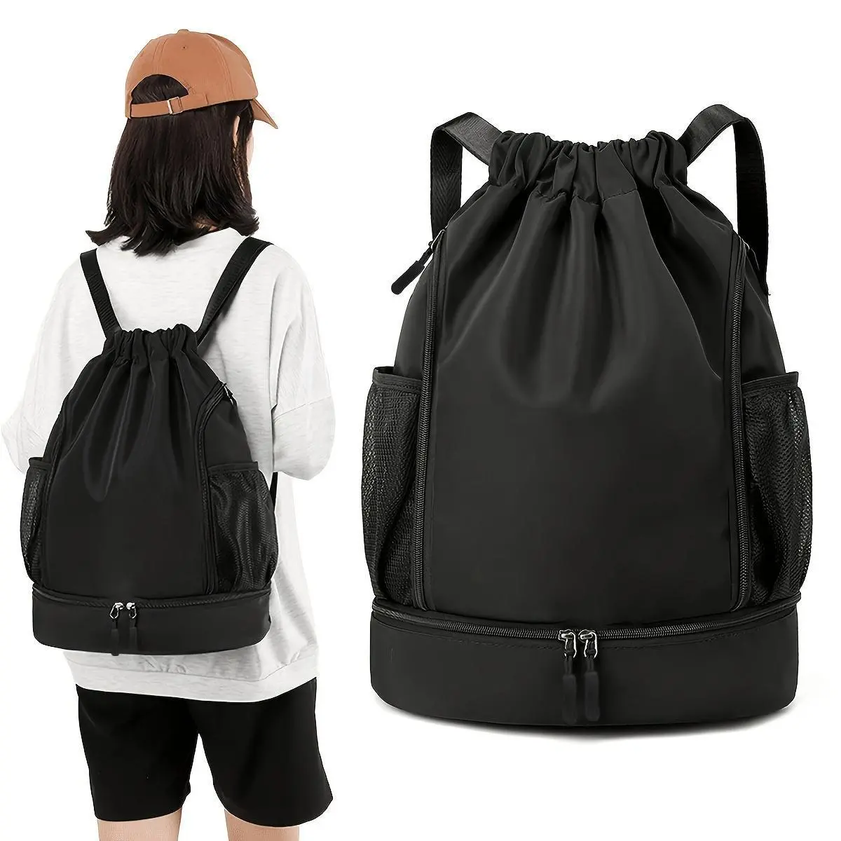 1pc High Quality Nylon Drawstring Backpack - Lightweight Sporty Unisex Gym Bag with Multiple Pockets for Basketball, School, Beach & Outdoor Activities (Black/Khaki/Gray/Pink), Sports Storage Solution | Sleek Texture Finish, Sports Bag