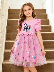 Girls' Cartoon Princess Dress, Short Sleeve Butterfly Net Puff Skirt, Cute Fly Sleeves Bow Sequins Party Dress, Butterfly Print Dress, Summer Sweet Daily Wear