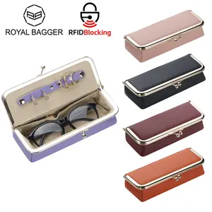Royal Bagger Genuine Leather RFID Blocking Fashion Glasses Case, Pencil Bag with Kiss Lock, Organizer for Rings, Necklaces & Earrings for Women 4135 Lens Protective Mirrored Lens