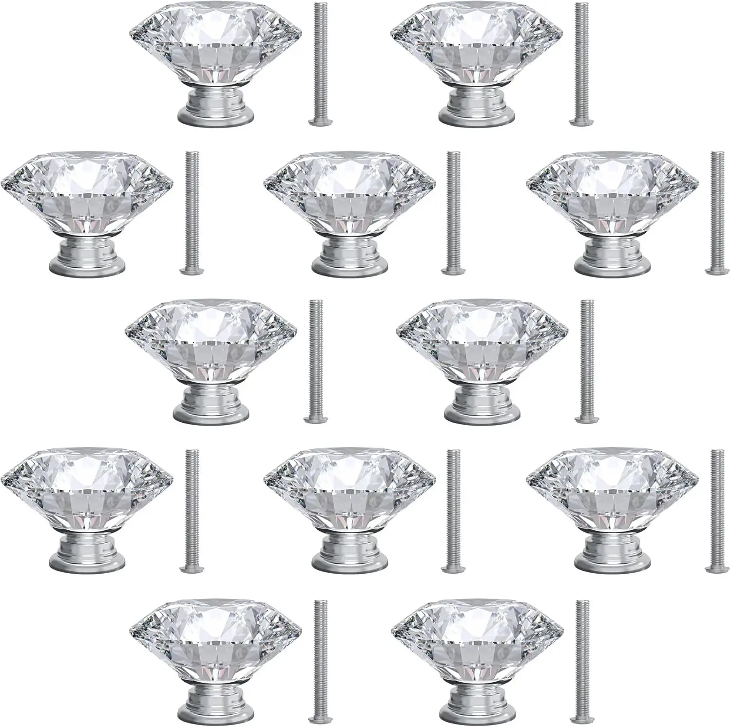 10 Pack Drawer Knobs Diamond Shaped Crystal Glass 30mm Cabinet Knobs Pull Handles (Silver)