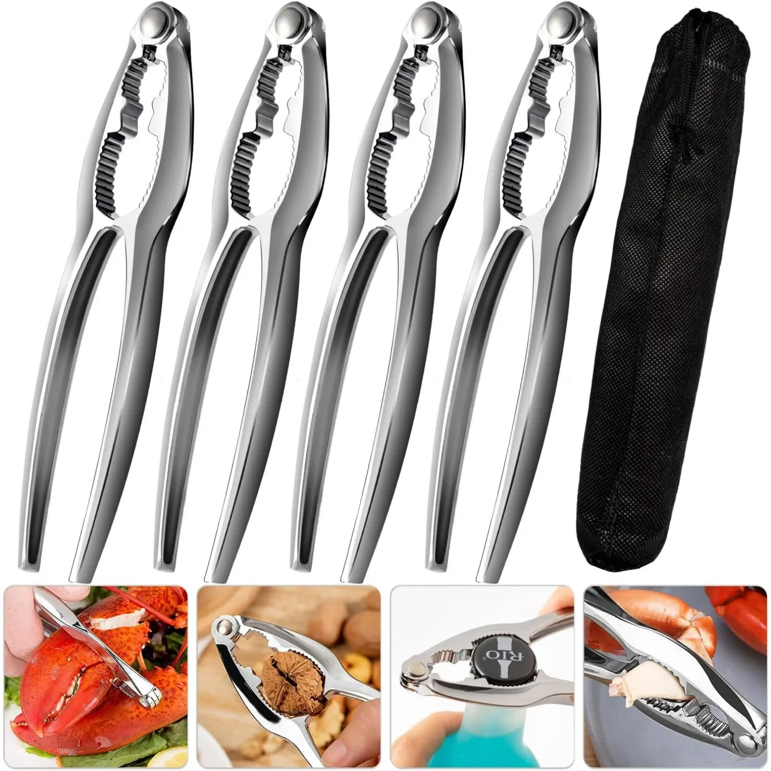 4PCS Sturdy Stainless Steel Nutcracker Tool Set with Handles - Zinc-Constructed Multifunctional Kitchen Fixture Accessory for Crab Shells, Walnuts - Ideal for Christmas, Thanksgiving Friends & Family Gatherings