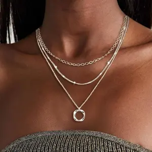 Women's 3-Piece Silver Plated Layered Necklace Set - Fashion Modern Accessories, Adjustable Stackable Clavicle Choker with Paperclip Strip Chain & Circle Pendant, Daily Wear Layering Jewelry