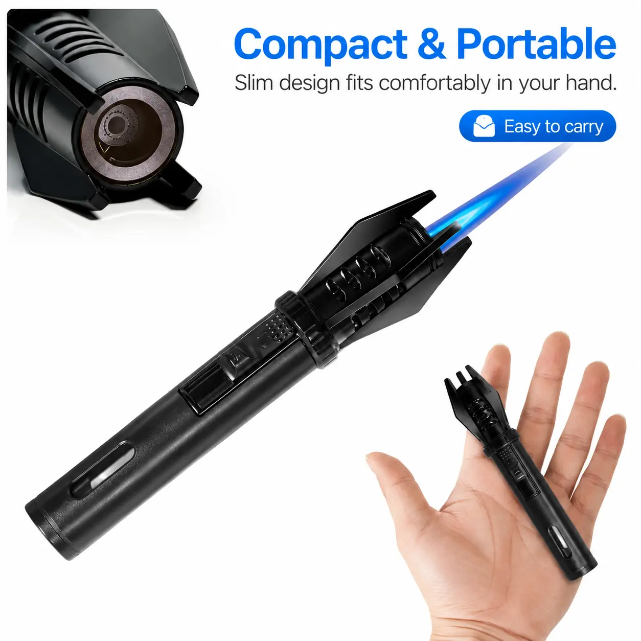 Tactical EDC Mini Torch Lighter, 5-In Refillable Butane Tool with Windproof Jet Flame, ABS-Metal Shell, Visible Fuel Window, Heat-Resistant Copper Nozzle, Adjustable Flame Knob for Camping, BBQ Cooking, Candle Lighting, Fireplace Lighting, Tactical Access