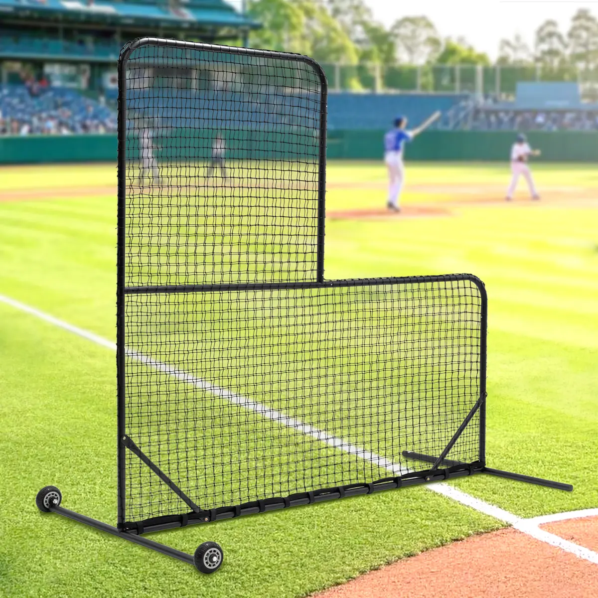 L-Shaped Baseball Pitching Screen, 84x84 Inch Portable Metal Net for Youth Practice, Heavy-Duty Protector with Wheels for Batting Cages & Park, Easy to Assemble, Baseballs, Backyards, 25 Lbs, Includes Carrying Bag, Lightweight Construction, Push-Button As