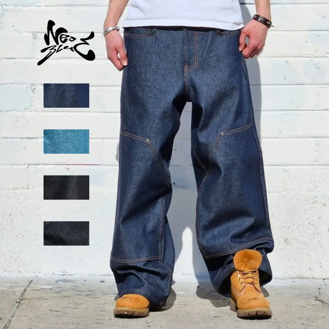 NEO BLUE Double Knee Baggy Jeans - Raw Indigo-Black Denim, Structured Feel, Relaxed Wide-Leg Fit, Durable Double Knee Panels, Clean Black Stitch Detailing, Unisex USA Craftsmanship - Fabric, Workwear, Menswear, Oversized, Streetwear, Sneakers, Casual, Loo