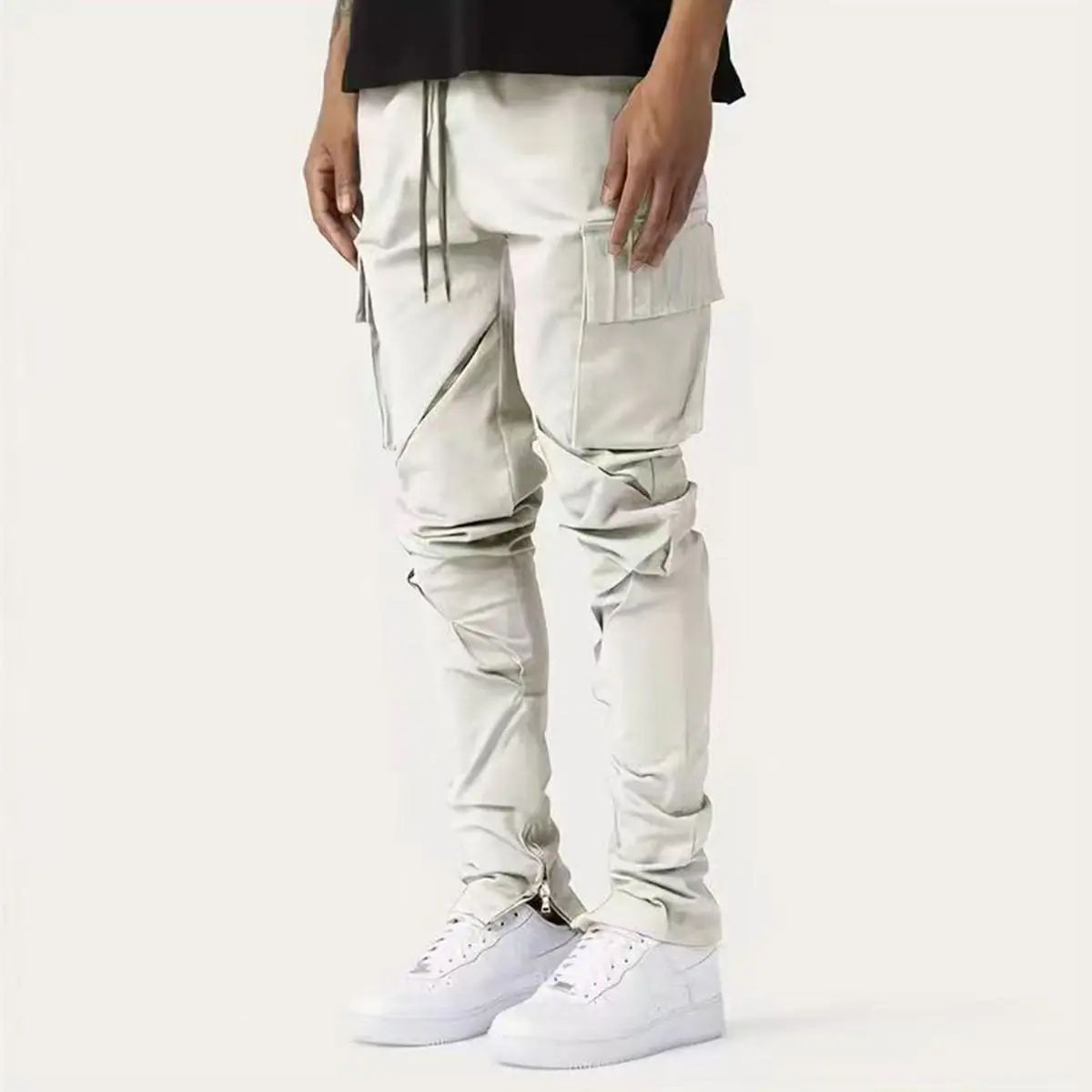 Men's Beige Cargo Trousers - Menswear, Contemporary, Flexible Pants with Ruched Detailing, Structured Build, Pocket Design, Versatile for Urban Strolls, Casual Hangouts (Balances Edge and Everyday Wearability)
