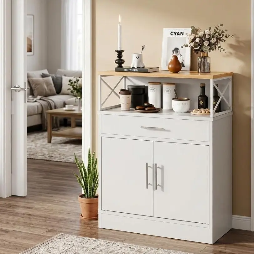 Walsunny Farmhouse Buffet Sideboard, Kitchen Storage Cabinet with Adjustable Shelves and Drawer, Coffee Bar Floor Book Cabinet, White Adjustable Metal