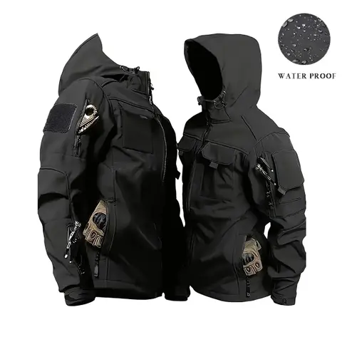 Men’s waterproof tactical hooded jacket with multiple zippered pockets, softshell fabric windbreaker, military-style zip-up top suitable for hunting, hiking, and outdoor wear.