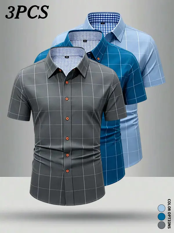 3-pack men’s spring/summer plaid short-sleeve shirts—versatile everyday wear for work, casual outings, and vacations; soft, wrinkle-resistant fabric; a complete outfit solution.