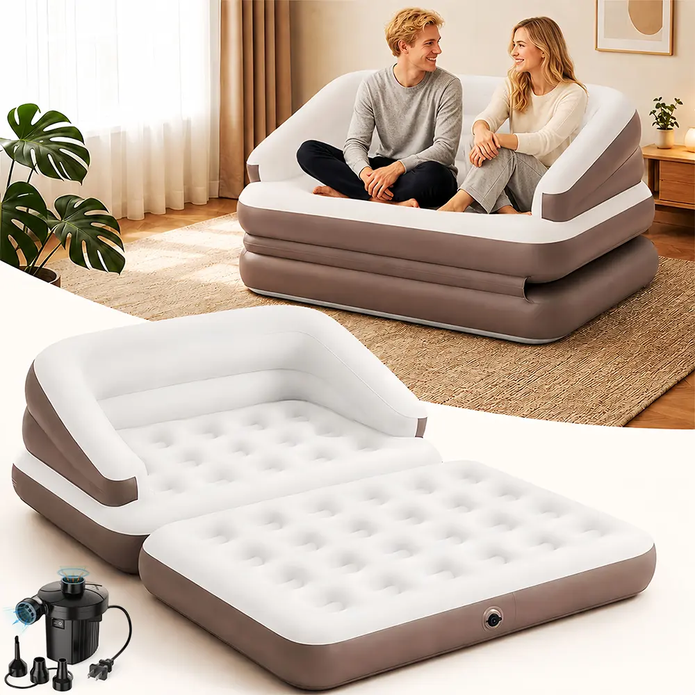 Convertible Inflatable Air Mattress with Electric Air Pump, PVC Sun Lounger with Flocked Surface - Supports 330 lb, for Home & Camping Use, Convertible Air Sofa Bed
