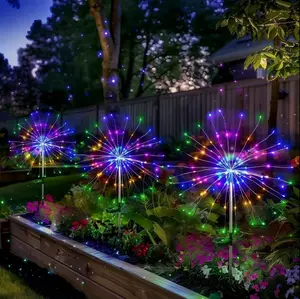 200 LED Solar Fireworks Lights Outdoor Waterproof, Multi Color Changing Solar Powered Star Burst Stake Lights, Auto On/Off Solar Pathway Decor Lights for Yard Lawn Walkway Patio Garden Wedding Christmas Holiday Decoration