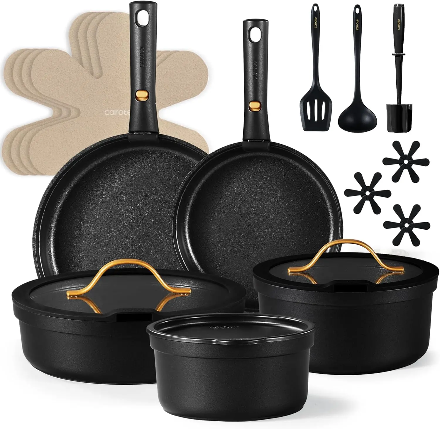 CAROTE 20pcs Pots and Pans Set Non Stick, Detachable Handle Cookware Sets | Ultra Nonstick, Space Saving, Dishwasher & Oven Safe, Non-Toxic Kitchen/Apartment/Camping/RV/ Traveling, Black