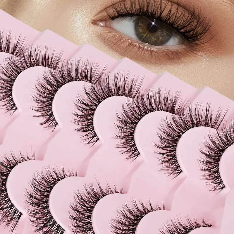7-Pair Set Soft Faux Mink Cosmetic False Eyelashes, 13mm Cat Eye Natural Wispy Lengthening Lash Strips, Strip Lashes with Adhesive for Adults