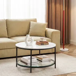 Marble Round Coffee Table with Glass for Living Room, 2-Tier Circle Coffee Table with Storage Clear Coffee Table