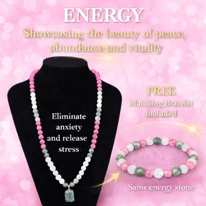 [BUY 1 GET 1 FREE] Calm Energy Jewelry Set, Pink White and Green Beaded Necklace with Matching Bracelet, Natural Stone Gift for Birthdays, Valentine’s Day and Special Occasions