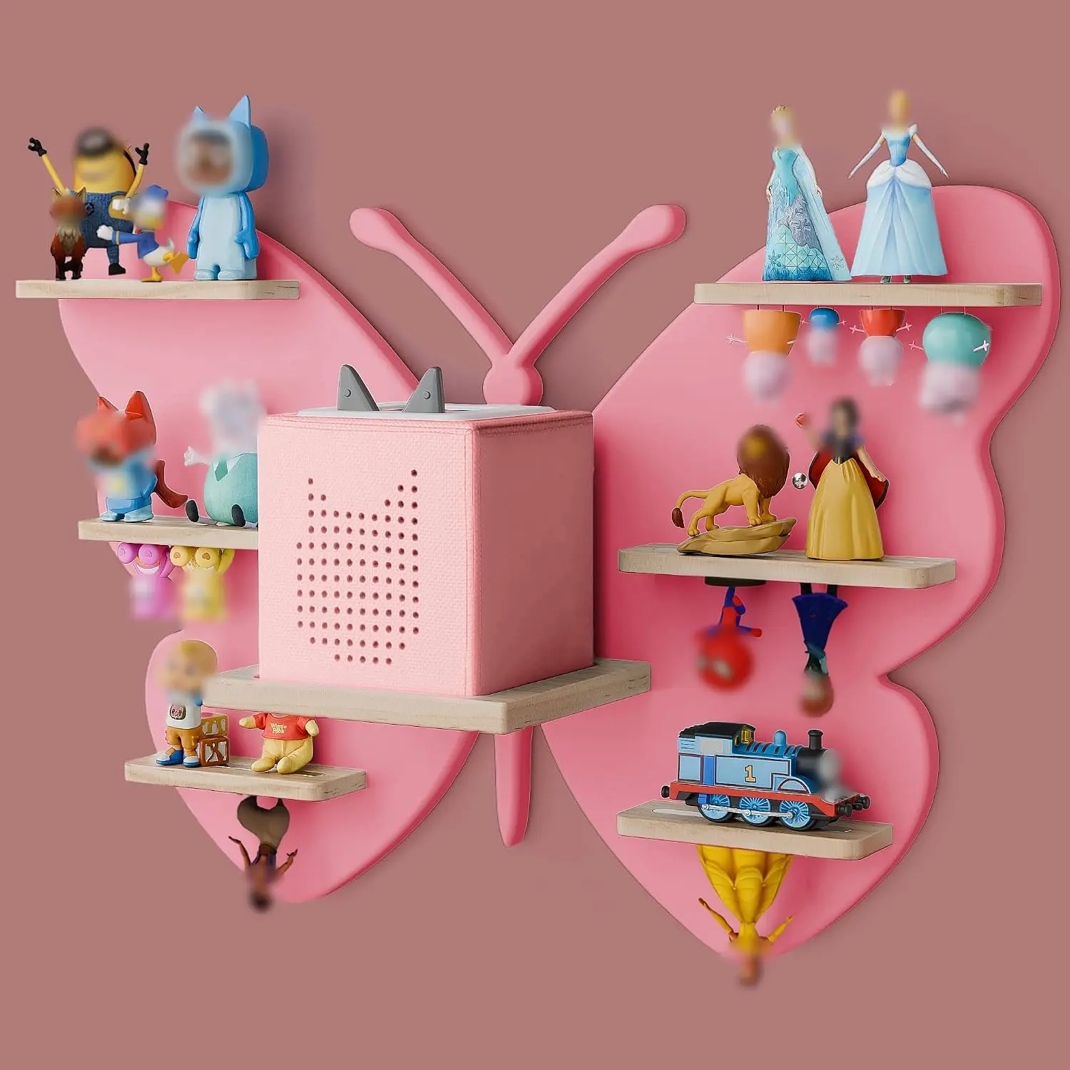 Butterfly Tonie Shelf for Toniebox - Pink Magnetic Tonies Wooden Floating Shelves, Cute Wall Shelf Storage for 20-32 Tonies Figures, Display Collection Shelves Wall Mount for Kids