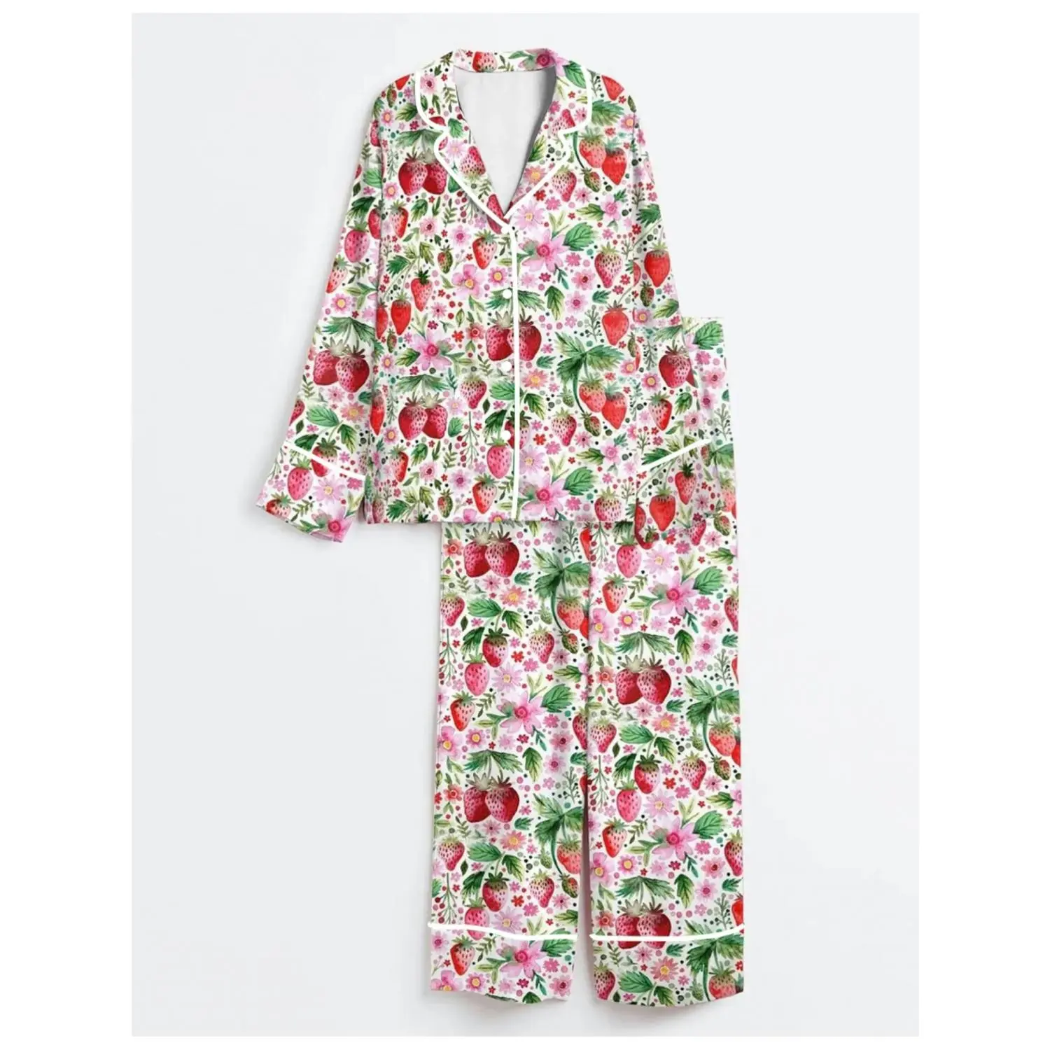 Strawberry Floral Women's Long-Sleeve Pajama Set - Cozy Fruit Print Loungewear