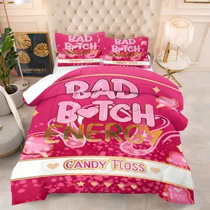 Popular Bad Bitch Energy Cotton Candy Pattern Printed Pink Quilt, Soft and Comfortable Bedding, Perfect for Adult Bedroom Decoration, Includes 1 Quilt and 1 or 2 Core Free Pillowcases