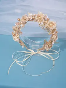 Gold Floral Pearl Bridal Crown – Elegant Flower Headband with Ribbon Tie, Romantic Wedding Hair Accessory for Brides & Special Occasions 💕🌸✨