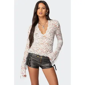 Sheer Lace Bell Sleeve Top Sheer Lace Bell Sleeve Top