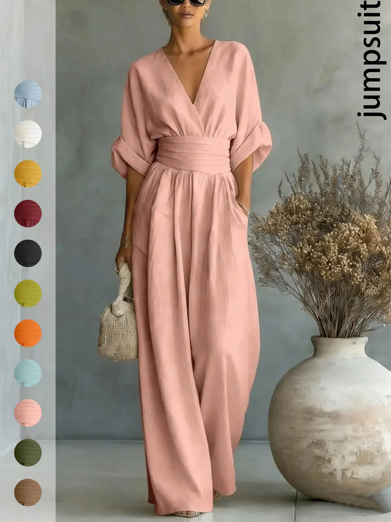 Elegant V-Neck Linen Blend Fabric Wide Leg Jumpsuit, Casual Batwing Sleeve High Waist Jumpsuit, Chic Tailored Fit Women's Fashion Jumpsuit