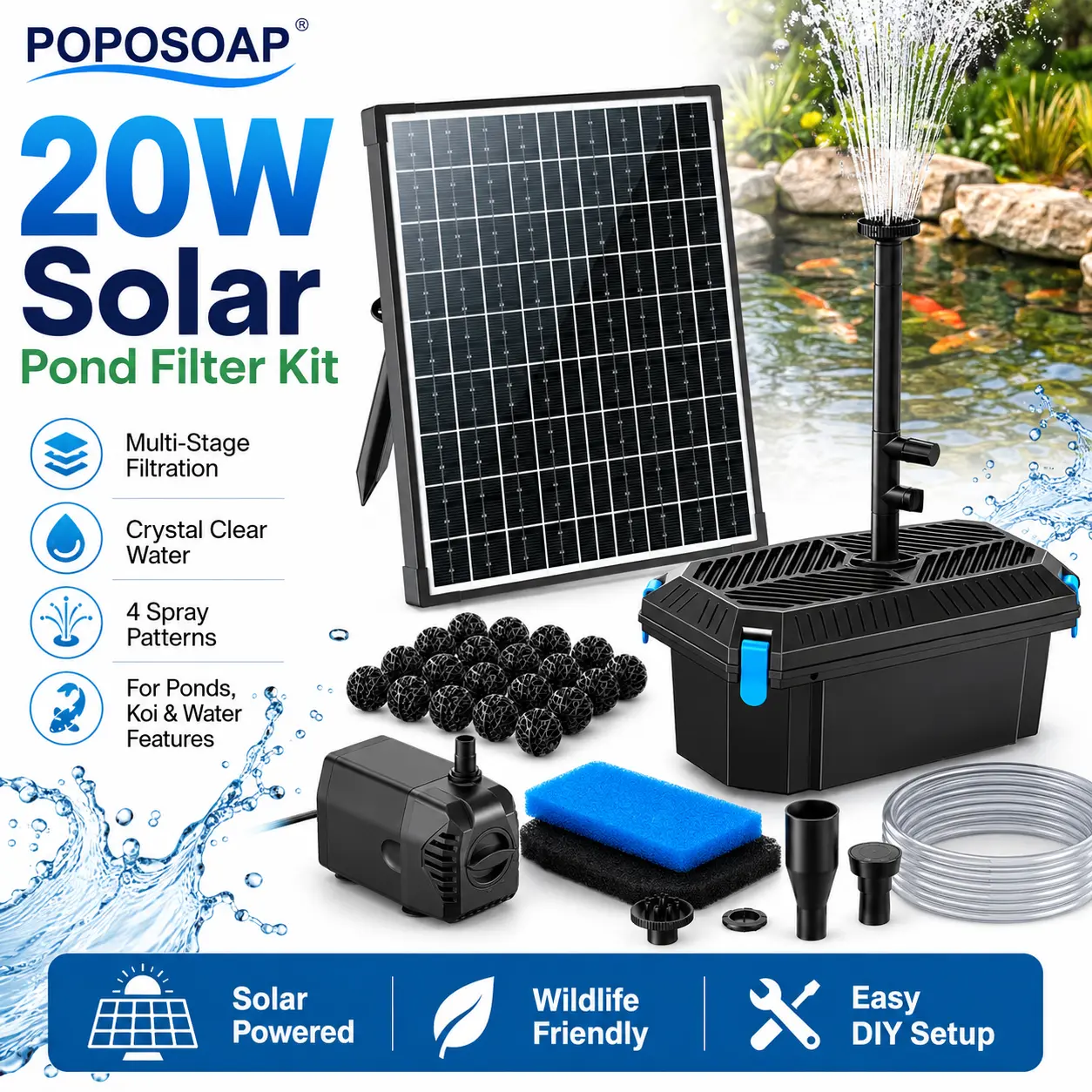 POPOSOAP 20W Solar Pond Filter System with Fountain Pump, Solar Water Pump for Koi Pond, Fish Pond & Garden Fountain, Multi-Layer Filtration for Outdoor Pond, Waterfall, Water Feature & Backyard DIY