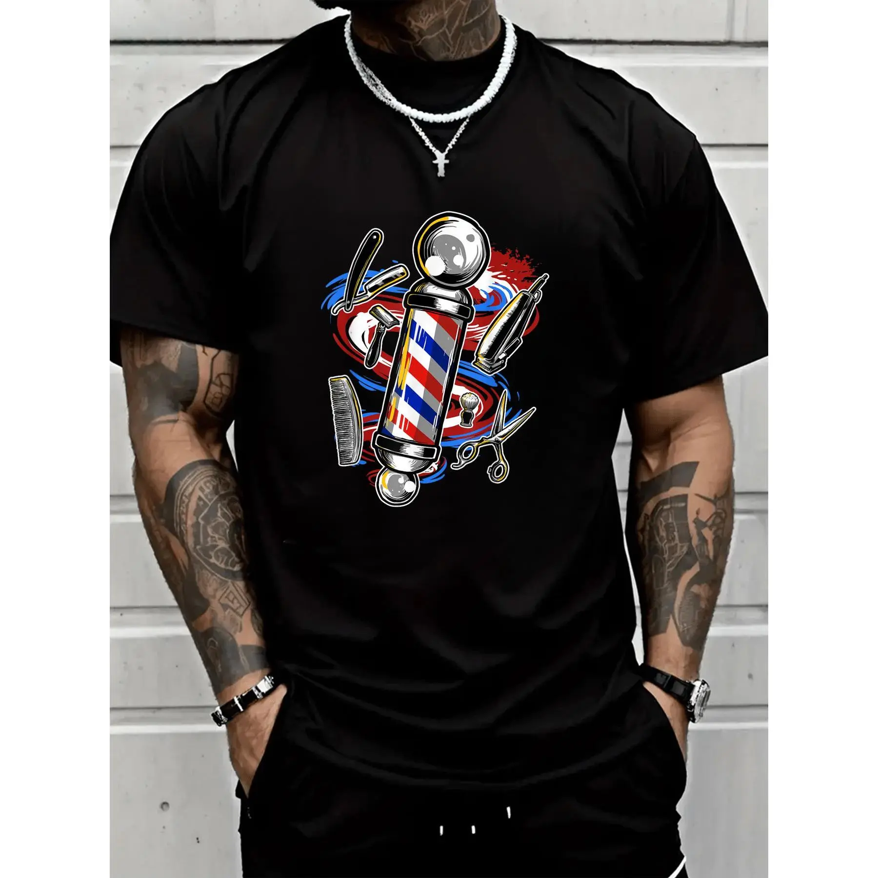 100% Cotton Unisex Barber Barbershop Casual Short-Sleeve Round Neck T-Shirt - Breathable, Comfortable Menswear Top Essential for Spring, Summer, Tshirt, Loose, Cotton Fabric