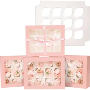 12 Cupcake Containers 20-Packs Pink Cupcake Box Cupcake Carrier, 12 Cupcake Boxes with Window 13"x10"x3.5" Auto-pop up