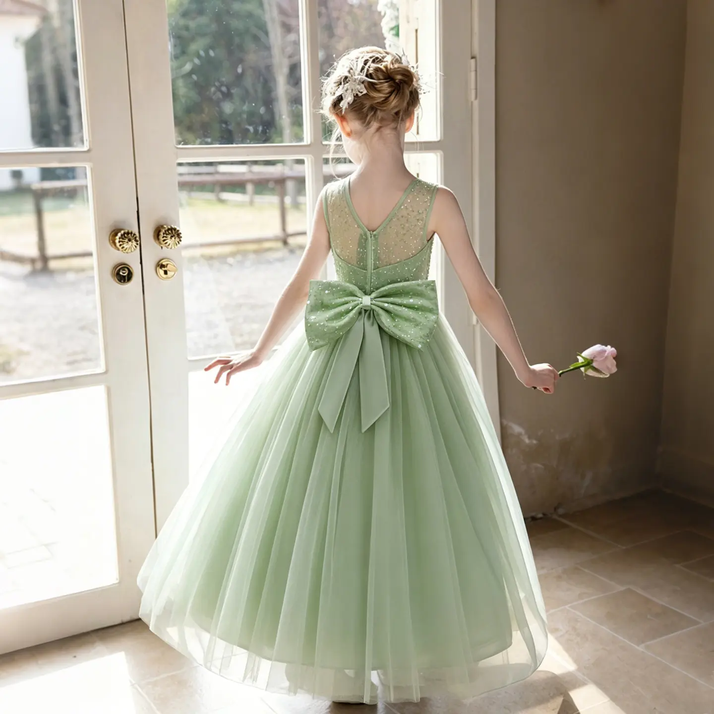 Girls Sequin Tulle Dress Formal Pageant Sparkly Birthday Party Wedding Guest Princess Bridesmaid Prom Ball Gown Dresses with Bow , Green Dress for Girls