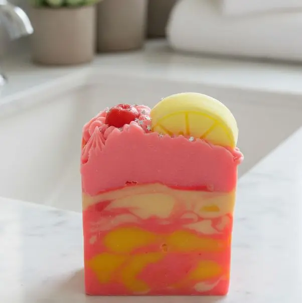 Handmade Organic Swirl Artisanal Soap Bar - Cherry Lemonade Twist Fresh Fruity Scent, Body Care Bathtime Fun, 5.5-6 oz Moisturizing Cleanser with Shea Butter & Goat Milk, Soft Creamy Foam, Gentle for All Skin Types