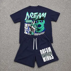 Men’s Summer 2 Piece Set, Stee Dream: The Masked Hero Hip-Hop Street Style Letter Print Short Sleeve T Shirt and Drawstring Shorts Matching Outfit, Lightweight Breathable Casual Set for Travel, Streetwear, Beach, Vacation, and Daily Wear