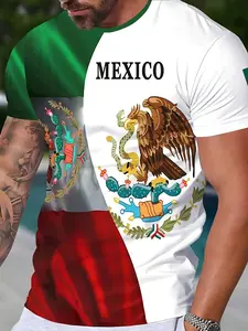 Men's Large Mexican Flag Pattern Round Neck Fitted T-Shirt, Design, Soft Breathable Polyester Fabric, Casual Streetwear Shirt