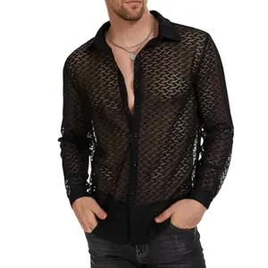 MEN'S black lace mesh long sleeve shirt breathable polyester crew neck casual wear machine washable Menswear Top 4th july shirt Loose Fabric