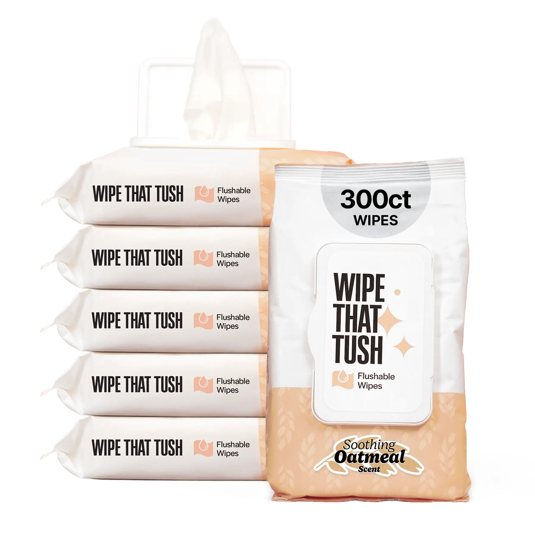 Wipe That Tush Flushable Wipes - 6 Packs of 50, 300 Total - Soothing Oatmeal Scent - Extra Large & Soft - Hypoallergenic With Aloe & Vitamin E - Septic-Safe
