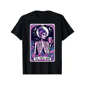 Tired Mom Tarot Skull Mother's Day Skull Coffee T-shirt, Unisex, Mother's Day Gift, 100% Cotton, 180g Fabric Weight, Machine Washable, Unisex T-shirt, Gift for Men Women Dad Mom Friends