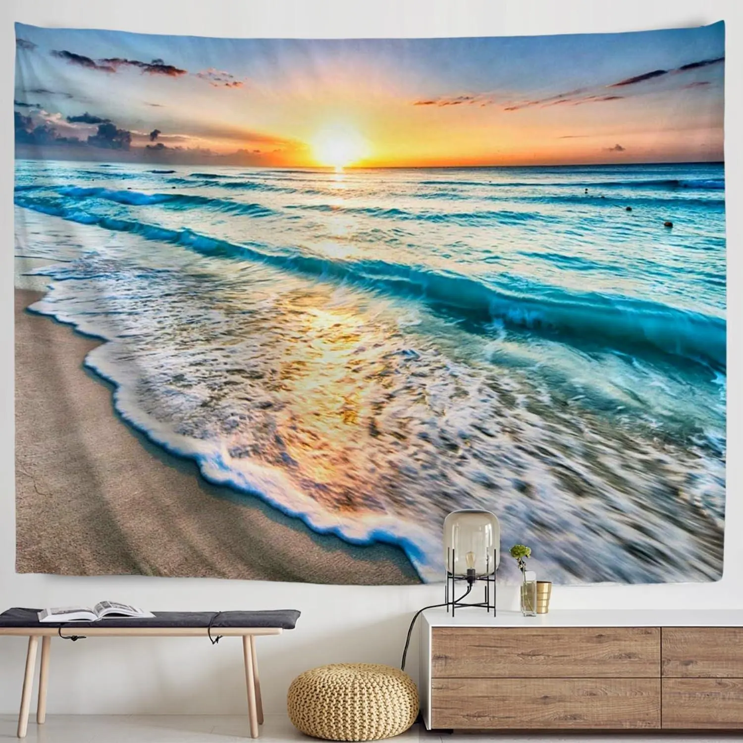 IcosaMro Beach Tapestry Wall Hanging, Ocean Sunset Sea Beach Wave Landscape Scenery Nature Wall Decorations Bohemian Home Decor for Bedroom, Dorm, College, Living Room, 51x60, Blue Gift
