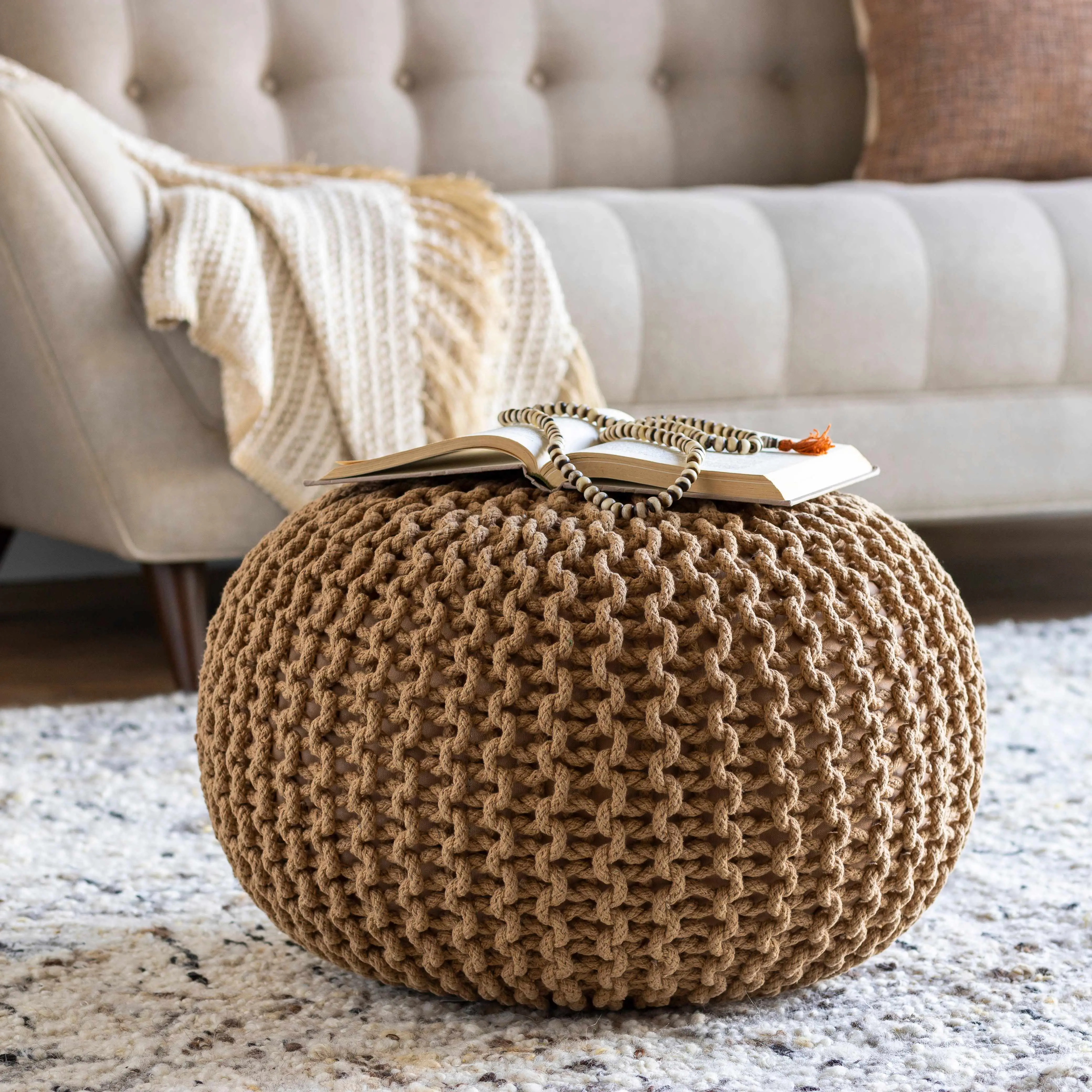 Carr Beige Knitted Cotton Pouf, Round Living Room Furniture Footstool, Lounge Cushion Stool
