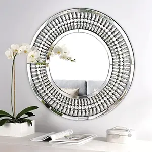 Round Crystal Jeweled Wall Mirror in Chrome Round Crystal Jeweled Wall Mirror in Chrome
