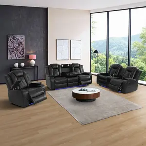 Vera Black Breathing Faux Leather Electric Recliner Sofa Set with Armrest Storage USB Charging 160-Degree Recline Built-in Coffee Table Reading Light Wireless Pads outdoorfun