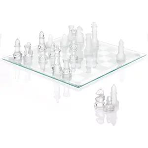 Fine Glass Chess Set, Modern Clear Chess Board Set with Solid Clear & Frosted Chess Pieces | 9.7'' Crystal Chess Board Set, Felt Padding Included
