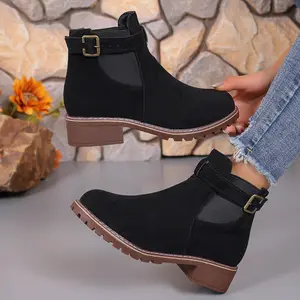 Women's buckle thick low heel anti slip thick sole fashionable ankle boots - round headed solid color short boots, suitable for winter and autumn, casual and formal wear